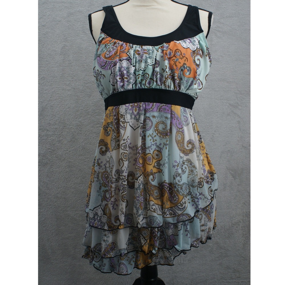 Boho Paisley Tiered‎ Ruffle Swim Dress Tankini Top Multi Color XL